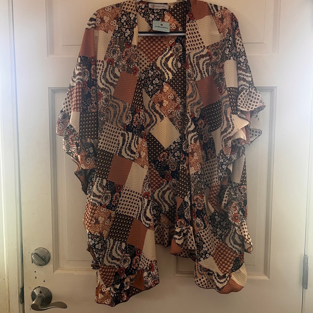 BellanBlue Patchwork Floral Ruffle Kimono Jacket in Brown, Cream, Black NWT